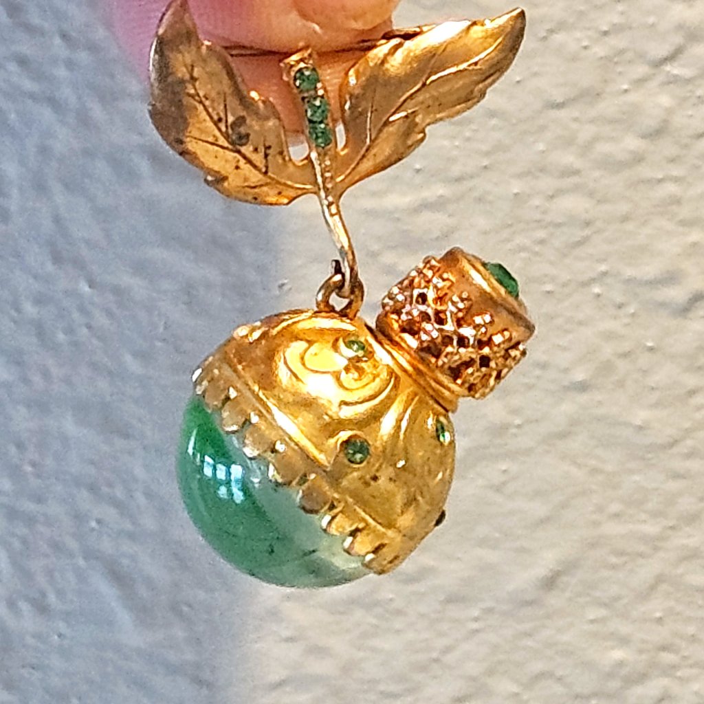 Vintage French Gold Gilt Hand Blown Green Glass Perfume Bottle Brooch Pin